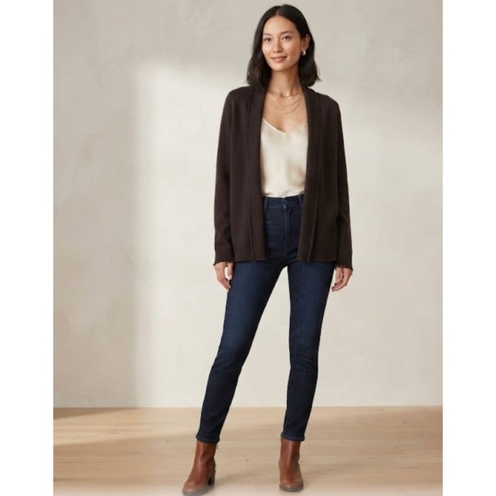 Eileen Fisher Open Cardigan Sweater Fringe Trim 100% Wool Italian Yarn Brown PP